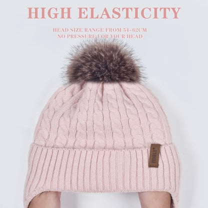 FENELY Women's Knitted Warm Beanie Winter Hat, Warm Chunky Snow Hat with Pompom - color: Pink