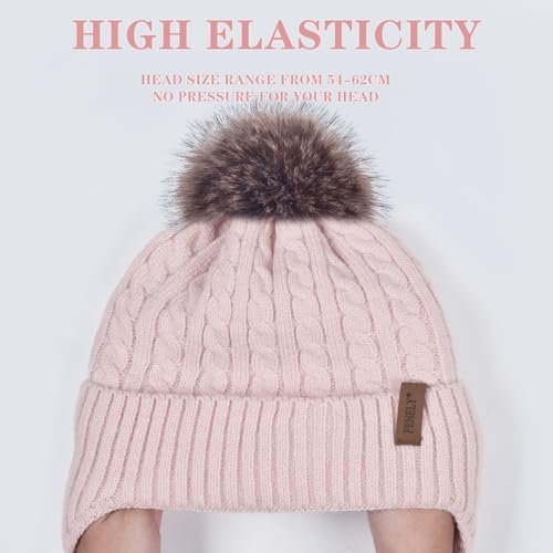 FENELY Women's Knitted Warm Beanie Winter Hat, Warm Chunky Snow Hat with Pompom - color: Pink