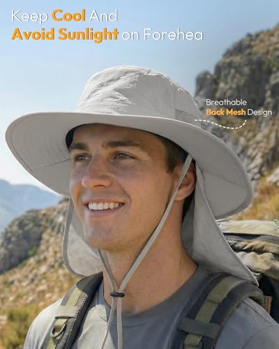 Sun Hats for Men Wide Brim Bucket Hat with Neck Flap for Fishing & Hiking Mens Sun Hat for UV Protection - color: Light Grey