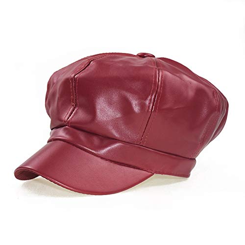 Women Newsboy Hats,8 Panel Ivy Beret PU Leather Cabbie Cap - color: Wine Red
