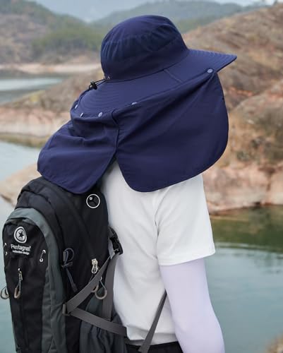 HUAMULAN Women Men Wide Brim Sun Hat Hiking Fishing Hats with Neck Flap - color: Navy With Mesh Panel