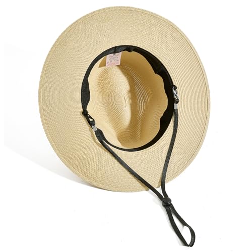 Lanzom Women Wide Brim Straw Panama Roll up Hat Fedora Beach Sun Hat UPF50+ - color: Khaki Without Band, size: One Size-Medium