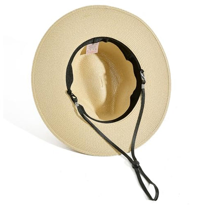 Lanzom Women Wide Brim Straw Panama Roll up Hat Fedora Beach Sun Hat UPF50+ - color: Khaki Without Band, size: One Size-Medium