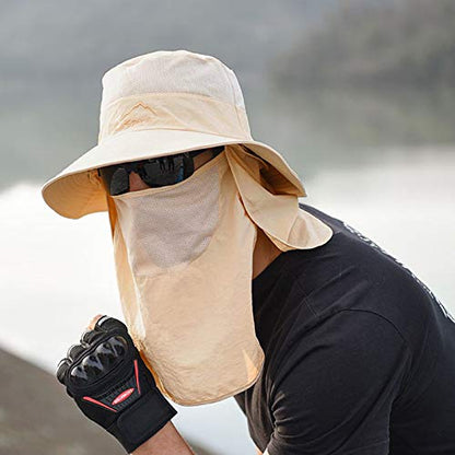Fishing Hat for Men & Women, Sun Protection Hat with Face Cover & Neck Flap - color: Khaki