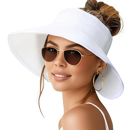 NPQQUAN Sun Visor Hats for Women Wide Brim Ponytail Straw Beach Hat - color: (White))