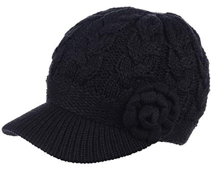 BYOS Womens Winter Chic Cable Warm Fleece Lined Crochet Knit Hat W/Visor Newsboy Cabbie Cap - color: Cable W/ Flower Black