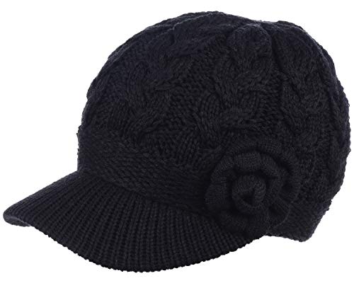 BYOS Womens Winter Chic Cable Warm Fleece Lined Crochet Knit Hat W/Visor Newsboy Cabbie Cap - color: Cable W/ Flower Black