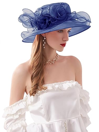 Women's Kentucky Derby Church Dress Hat Wide Brim Leaf Flower Bridal Shower Hat - color: A4 Navy