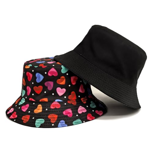 Summer Bucket hat, Love Pattern Sun hat, Packable Fisherman Outdoor Travel Hiking Beach Cap, one Size - color: Colorful Love Heart