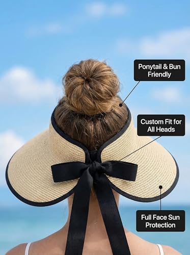 Sun Visor Hat for Women Wide Brim Ponytail Straw Hat UV UPF Summer Beach Vacation Packable Foldable Travel - color: Beige