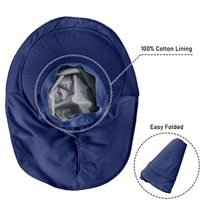 Womens Sun Hat UPF 50+ Wide Brim and Ponytail Hole, Hiking Safari Hat with Neck Flap… - color: Navy Blue