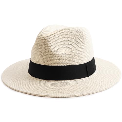 DRESHOW Women Straw Panama Hat Travel Fedora Beach Sun Hat Summer Wide Brim Straw Roll up Hats UPF 50+ - color: Fedora a Ivory