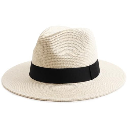DRESHOW Women Straw Panama Hat Travel Fedora Beach Sun Hat Summer Wide Brim Straw Roll up Hats UPF 50+ - color: Fedora a Ivory