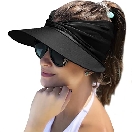 Muryobao Womens Sun Visor Hat Wide Brim Summer UPF 50+ UV Protection Beach Sport Cap - color: Black