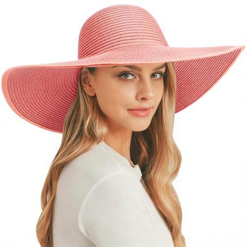 AQOKKA Sun Hats for Women Big Straw Wide Brim Summer Beach Hat Floppy Foldable Roll up Cap for Outdoor UPF 50+ - color: Wide Brim : Pink