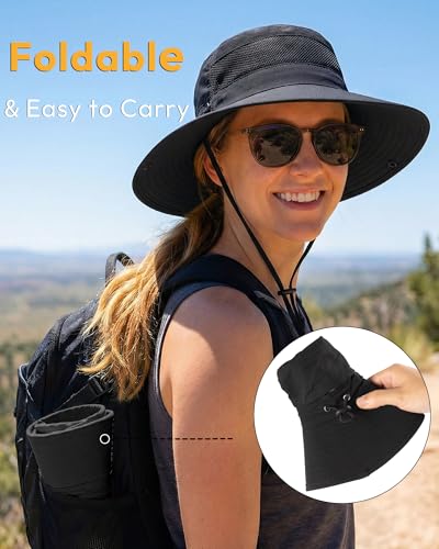 Women's Sun Hat Sun Protection Wide Brim Bucket with Ponytail Hole Summer - color: Black
