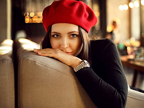 Women French Wool Beret Hats - Solid Color Classic Beanie Winter Cap - color: Red