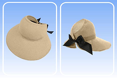 Straw Sun Visor for Women, Wide Brim UPF 50+ Protection Beach Hat, Adjustable, Roll Up Foldable Ponytail Cap with Chin Strap - color: A Beige