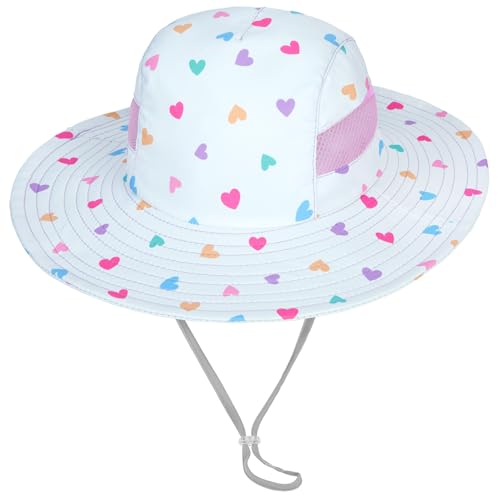 ICOSY Sun Hat for Kids Girls, UPF 50+ Wide Brim Beach Hat for Toddler - color: White Hearts