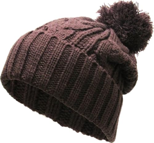 KBETHOS Women's Winter Warm Thick Oversize Knitted Beanie Hat with Pom Pom - color: Brown Cable Knit Pom Beanie
