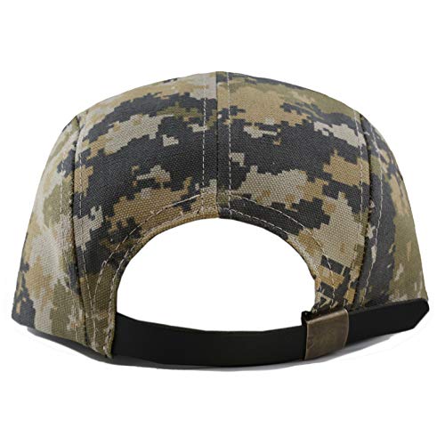 The Hat Depot Made in USA Cotton Twill 5 Panel Flat Brim Genuine Leather Brass Biker Board Cap - color: Camo4