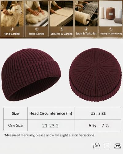 100% Merino Wool Fisherman Beanies for Men Winter Beanie Skull Cap - color: Wine Red