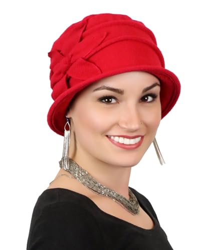 Fleece Flower Cloche Hat for Women Chemo Cancer Ladies Headwear 50+ UPF - color: Red