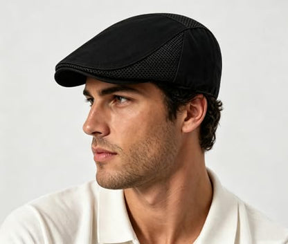DIYDECAL Mens Cotton Mesh Newsboy Cap Flat Ivy Gatsby Hat Summer Driving Cabbie Cap - color: Black
