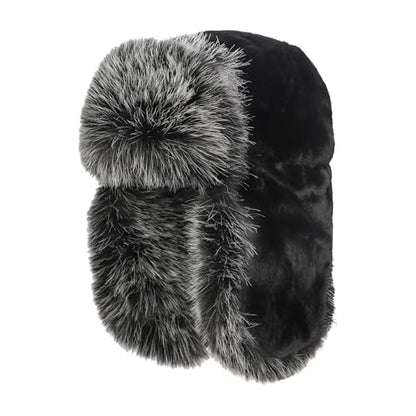 PURFUN Fuzzy Faux Fur Ushanka Russian Hat for Men Women, Winter Plush Full Hood Earflap Cap Cycling Ski Hunting Trapper Hat - color: Black
