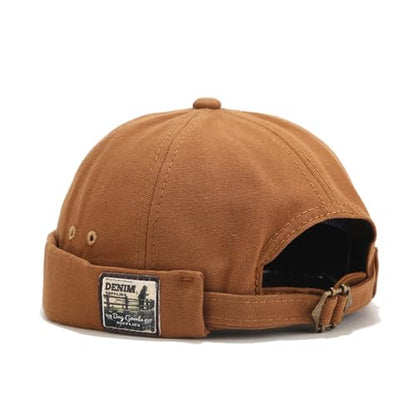 Mens Docker Cap Brimless Skullcap Sailor Cap Rolled Cuff Retro Beanie Hat - color: Retro Khaki