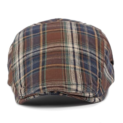 Summer Tartan Plaid Newsboy Cap Adjustable Cotton Gatsby Cabbie Outdoor Sun Flat Hat - color: Coffee