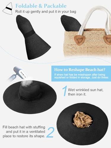 Floppy Sun Hats for Women, Summer Wide Brim Straw Beach Hat - color: Black, size: X-Large