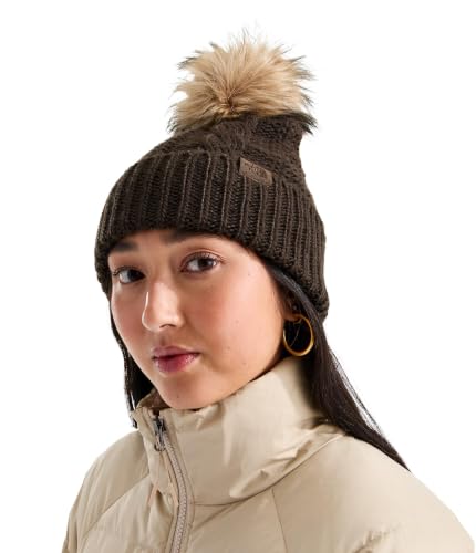 THE NORTH FACE Women's Oh Mega Fur Pom Beanie | Deep Fit Cuffed Winter Hat With Oversized Faux-fur Pom & Cable Detailing - color: Dark Chestnut