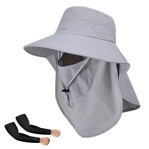 Rosoz Sun Hat for Men Women with Neck Flap& Removable Face Cover Wide Brim - color: 1pack-light Greyi/Arm Sleeves