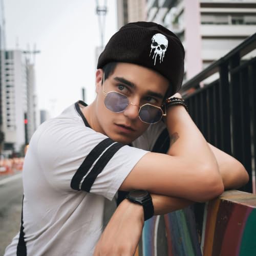 Black Beanie Hat for Men Women Embroidered Knit Winter Beanies Cap - color: Skull