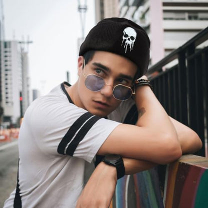 Black Beanie Hat for Men Women Embroidered Knit Winter Beanies Cap - color: Skull