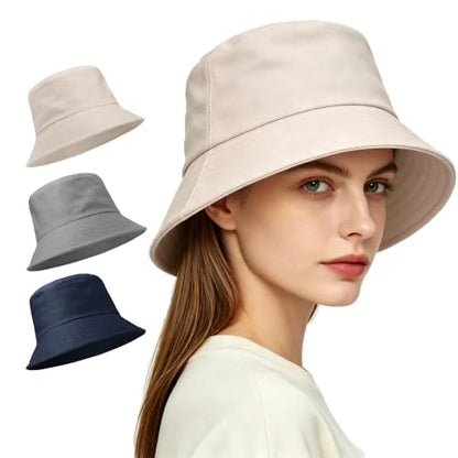 Unisex 3-Pack UV Packable Summer Bucket Sun Hats for Outdoor Activities - color: 3 Navy Blue/Light Gray/Beige