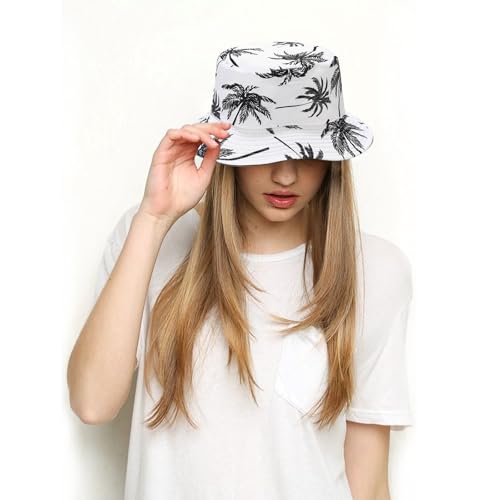 Bucket Hat for Women Men, Cotton Reversible Double Side Wear Sun Hats Beach Fisherman Hat - color: White Coconut Tree