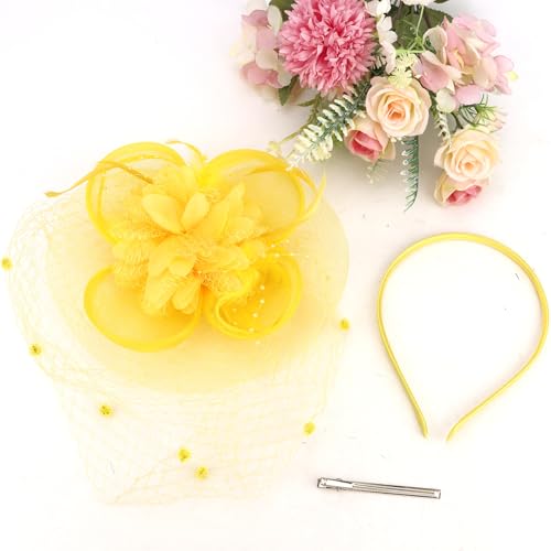 Semato Fascinators Hats for Women Mesh Feathers Elegant Yellow Tea Party Kentucky Hat Derby Headband with Hair Clip - color: Yellow