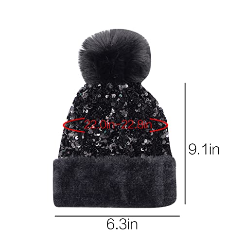 Women Girls Winter Sequin Beanie Hat with Faux Fur Pom Pom Knit Skull Cap - color: Black