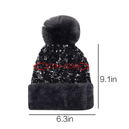 Women Girls Winter Sequin Beanie Hat with Faux Fur Pom Pom Knit Skull Cap - color: Black