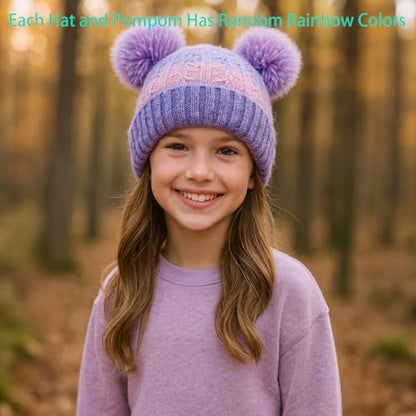 Girls Rainbow Pom Pom Beanies Hats Winter Knit Fleece Lined Beanie Hat for Kids Outdoor Snow Ski Skull Cap Age 7-12 - color: Pompom-multicolor 02(fleece Lined)