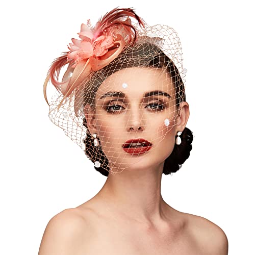 Tea Party Hat Fascinators Hats for Women Vintage Lace Mesh Floral Feather Hair Clip Headband with Veil for Church Wedding - color: Peach