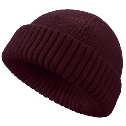 Wool Short Fisherman Beanie for Men Women Double Cuffed Skull Caps - color: 1pcs-wine Red