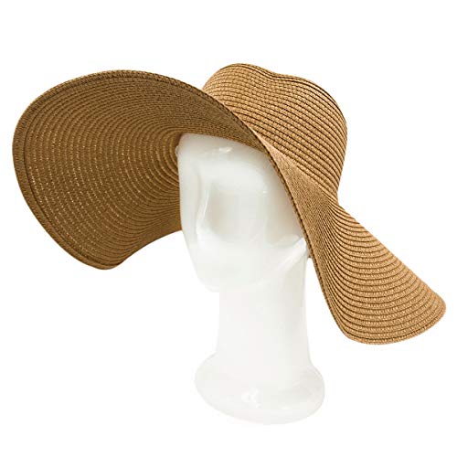 Womens 5.75" Wide Brim Foldable UPF50 Floppy Summer Straw Hat Sun Beach Hat - color: Tan