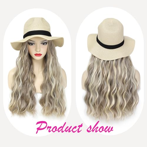 Hat Wig Panama Hat with Ash Blonde Long Wave Hair Attached for Women Beige Color Wide Brim Straw Beach Sun Hat Wig - color: M-Mash blonde
