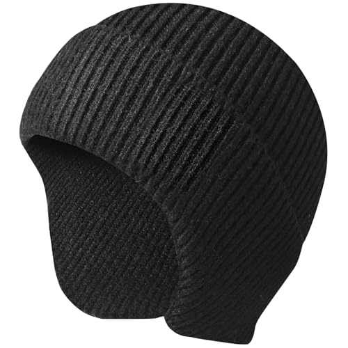 Women's Earflap Beanie, Cap with Ear Flaps, Knit Winter Hat for Men - color: Black