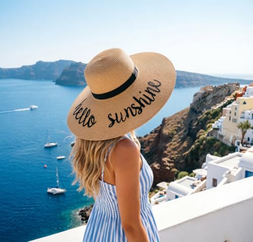 DRESHOW Big Straw Sun Hats for Women Floppy Foldable Roll up Beach Cap Sun Hat UPF 50+ Vacation Honeymoon Embroidered Hat - color: Ae Hello Sunshine: Khaki