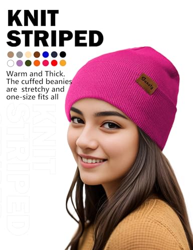 Beanie Hats for Men Women Knit Winter Hat, Warm Skull Stocking Cap, Striped Snow Hat Heated Cuffed Beanie - color: 2p-black+rose