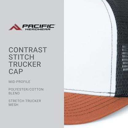 Pacific Headwear Contrast Stitch Trucker Pacflex Snapback Cap - color: White/Light Charcoal/Rust